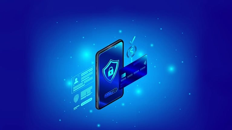 A blue-lit digital illustration showing a smartphone with a shield icon on its screen. Next to the phone is a credit card, a dollar sign, and other symbols suggesting secure payment systems.