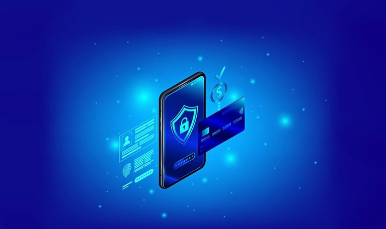 A blue-lit digital illustration showing a smartphone with a shield icon on its screen. Next to the phone is a credit card, a dollar sign, and other symbols suggesting secure payment systems.