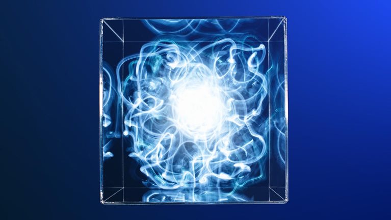 Trail of blue light contained in a clear box