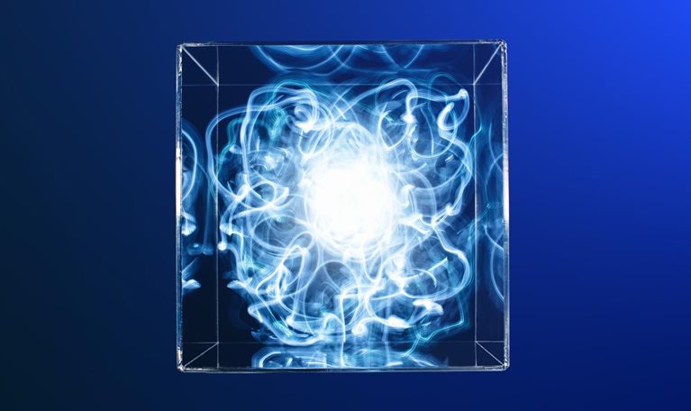 Trail of blue light contained in a clear box