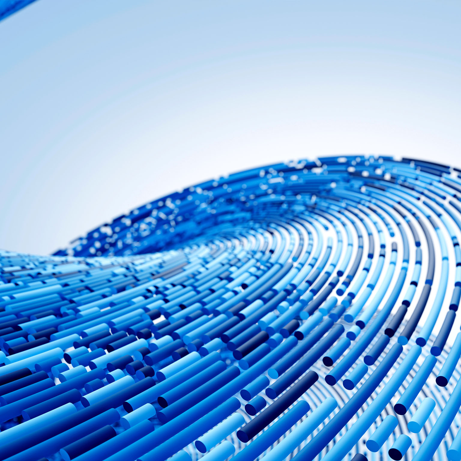 Abstract wave of interconnected blue lines and cylinders curving across a light background.