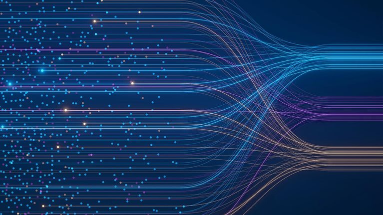 AI neural network analyzing big data. Machine learning and deep learning technology for artificial intelligence. Neurons connected to dataset. Data science, business analytics, automation illustration