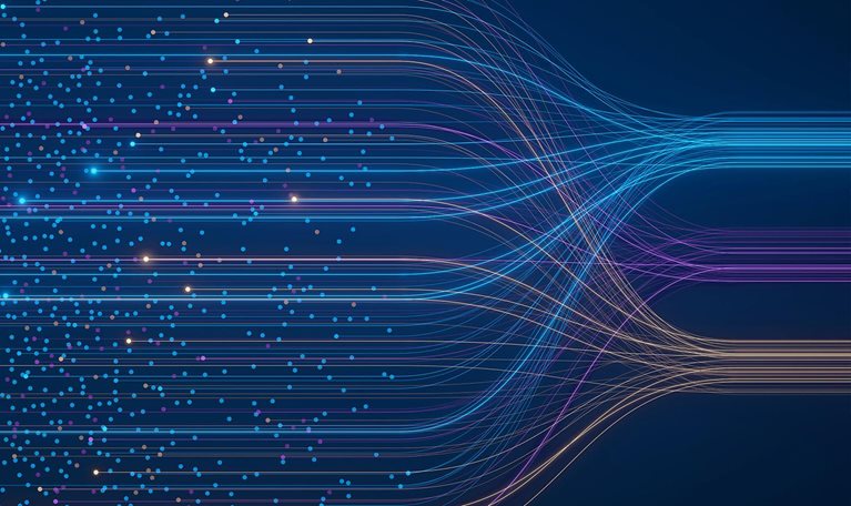 AI neural network analyzing big data. Machine learning and deep learning technology for artificial intelligence. Neurons connected to dataset. Data science, business analytics, automation illustration