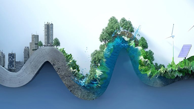 Digital generated image of abstract curve chart made out of concrete old city transforming into green fresh environment with alternative energy on white background