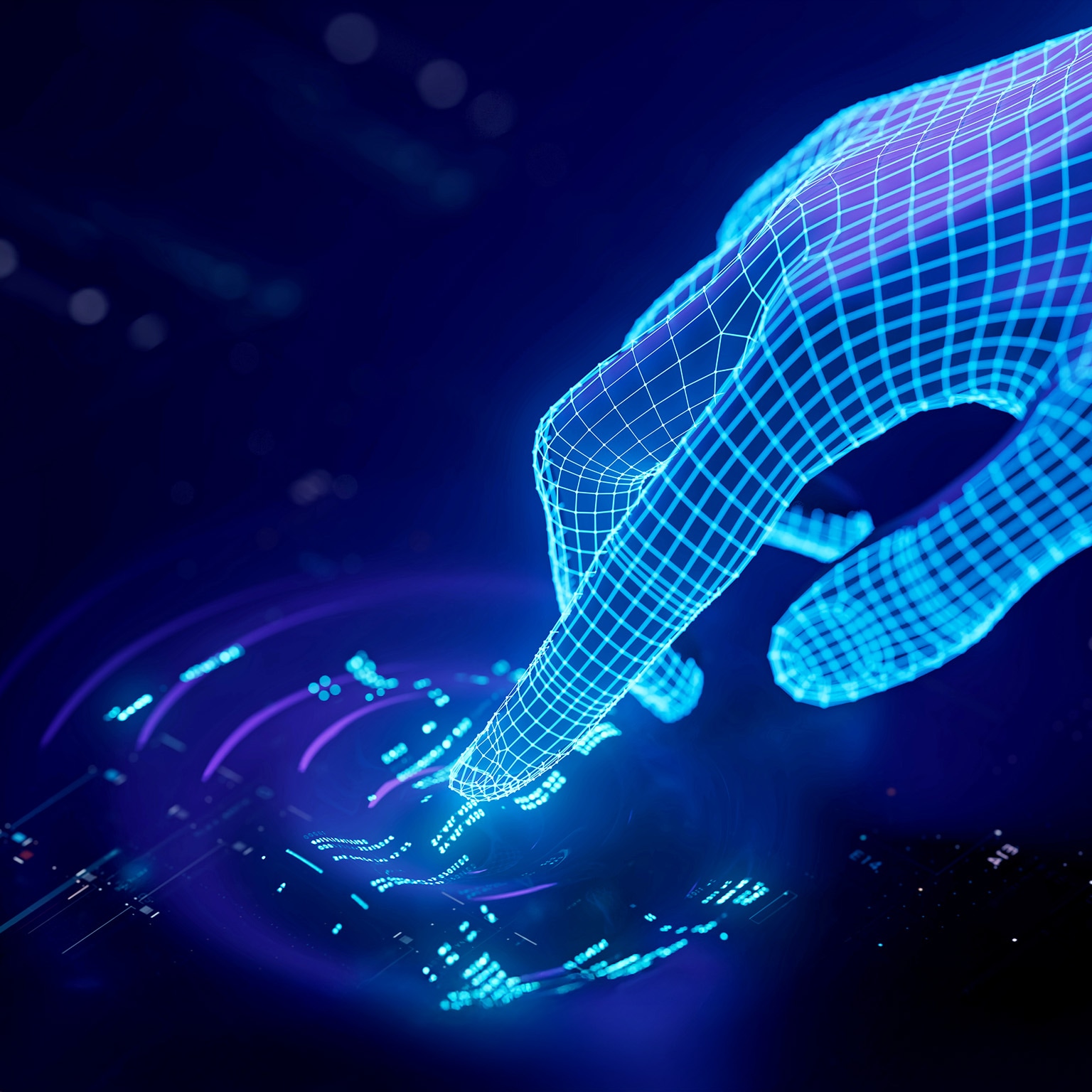  Wireframe hand touching a glowing digital interface on a dark background.