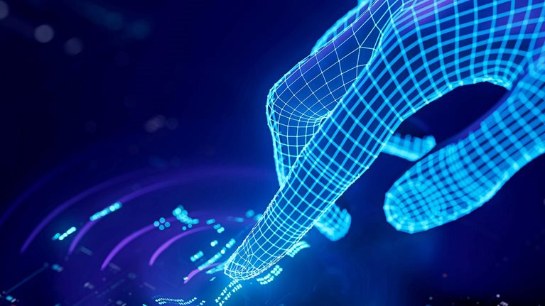 Wireframe hand touching a glowing digital interface on a dark background.