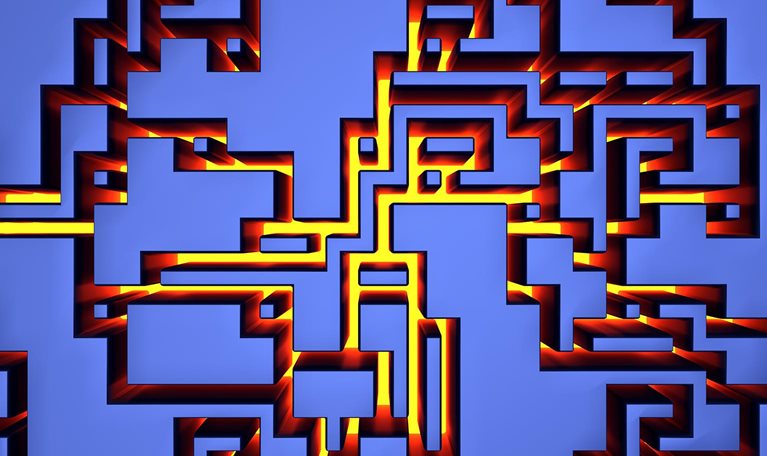 Maze business challenge blue background with yellow light risk and decision labyrinth 3D illustration