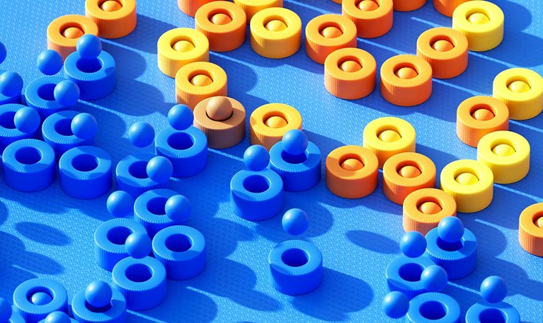 Multicolored blue and yellow geometric shapes that abstractly convey collaboration