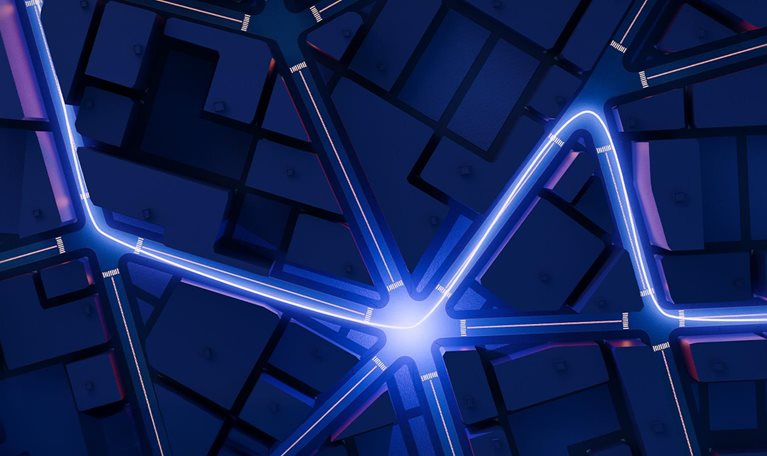 Abstract representation of a city viewed from above with a glowing line marking a path