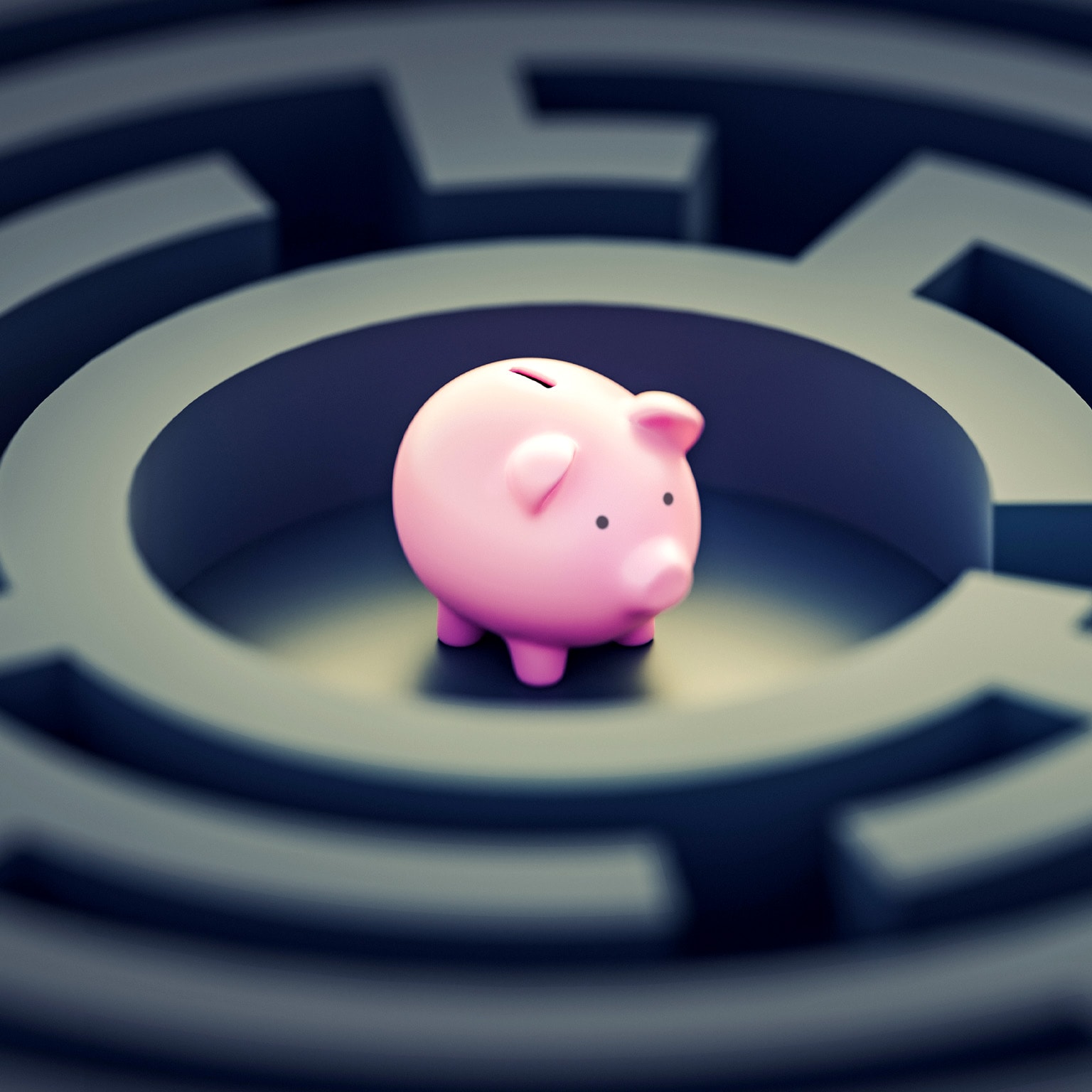 A pink piggy bank at the center of a gloomy gray maze.