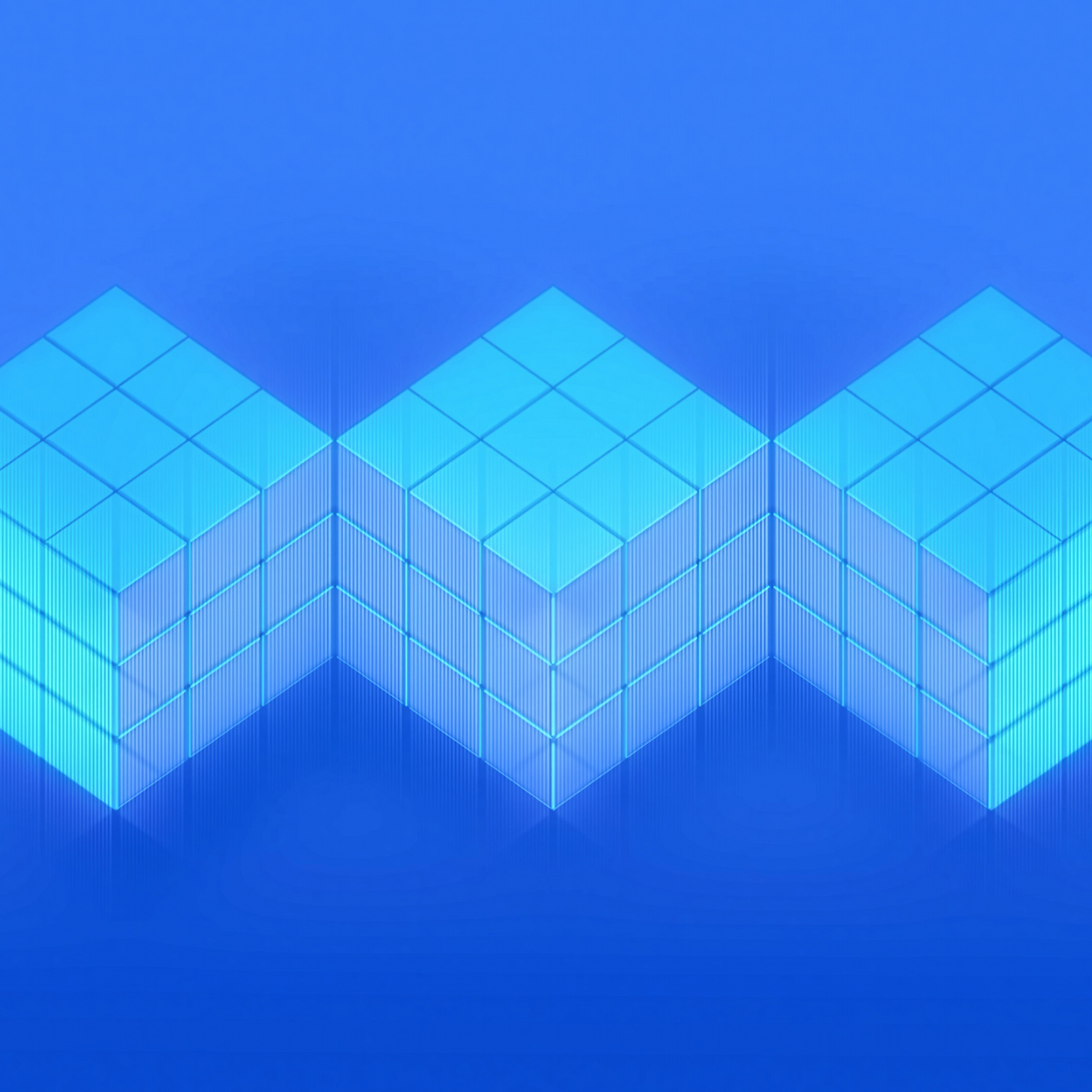 Three connected stacks of translucent blue cubes form a geometric structure transforming and rearranging.