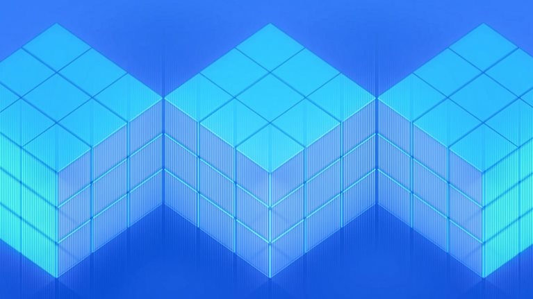 Three connected stacks of translucent blue cubes form a geometric structure transforming and rearranging.