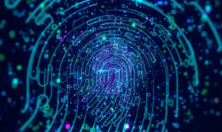 Digital generated image of data forming fingerprint icons on black background. Data security concept.