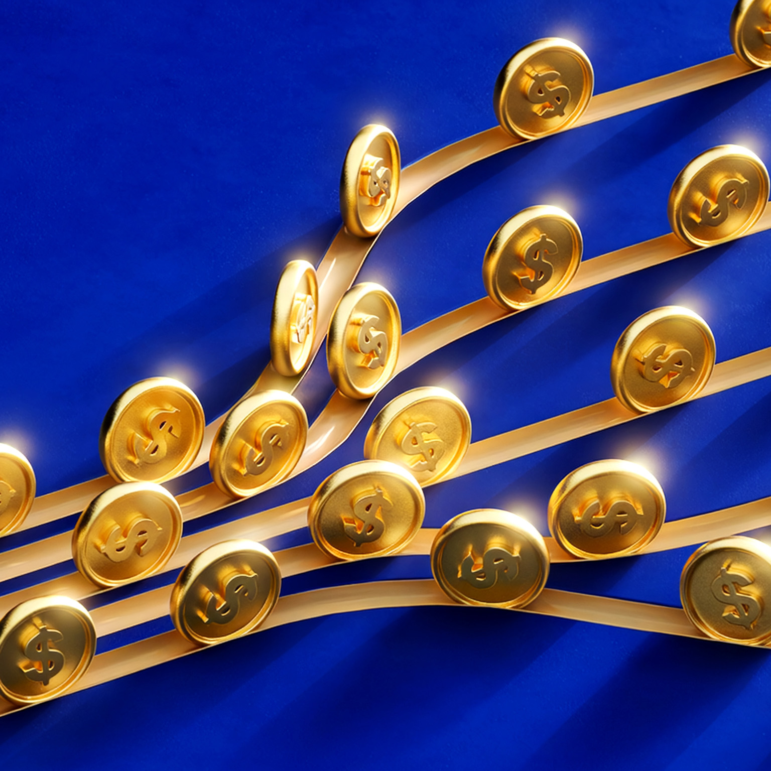 Gold dollar coins moving along multiple branching tracks