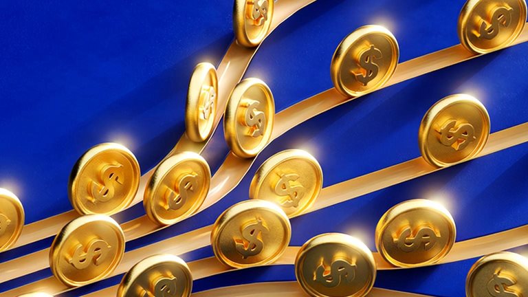 Gold dollar coins moving along multiple branching tracks