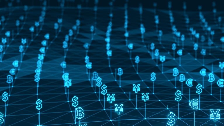 Blue digital money icon and network connection linked to futuristic line abstract technology background concept