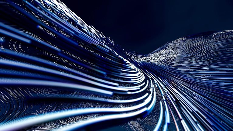 Glowing blue and white lines converge in a flowing digital landscape.
