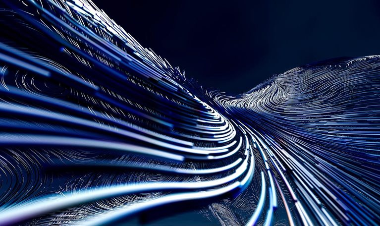 Glowing blue and white lines converge in a flowing digital landscape.