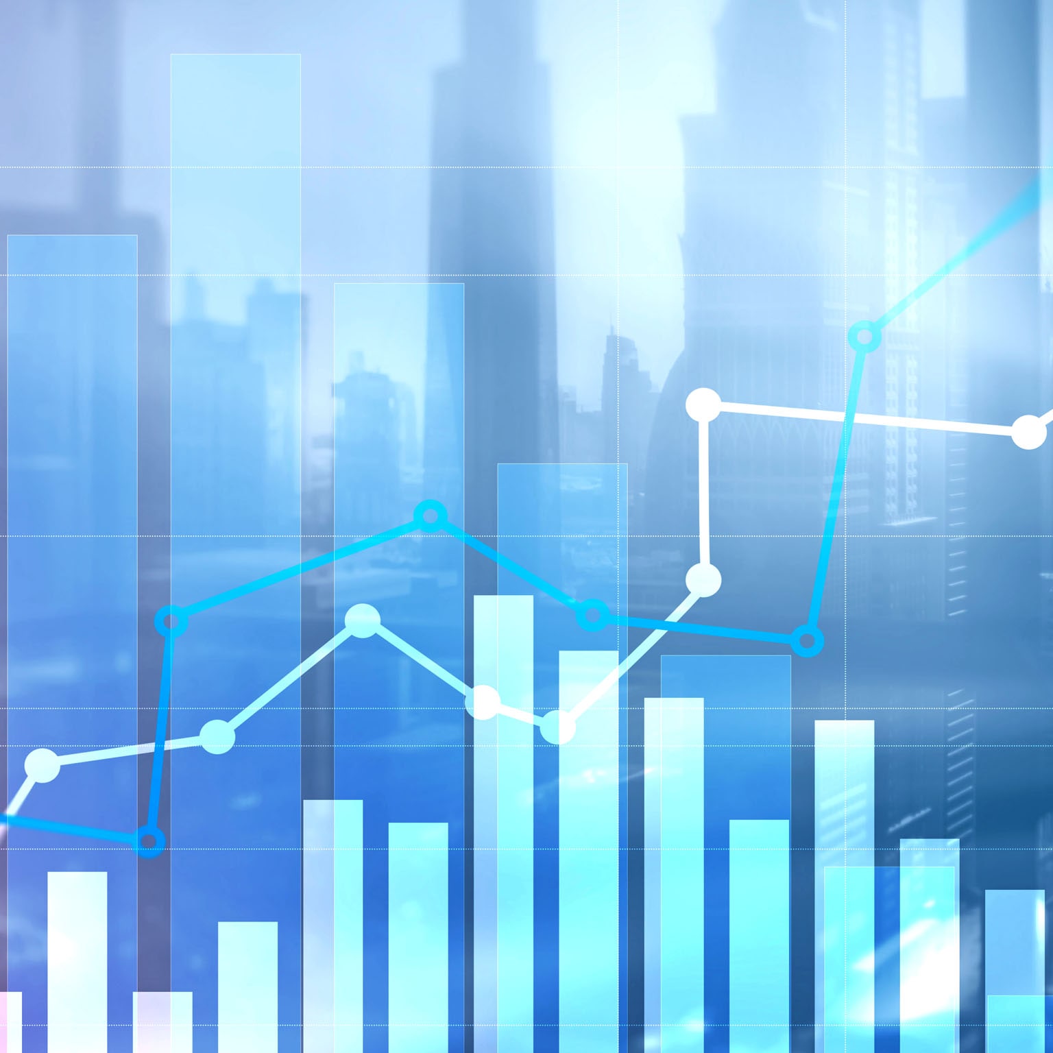 A collage of charts and graphs over a city skyline