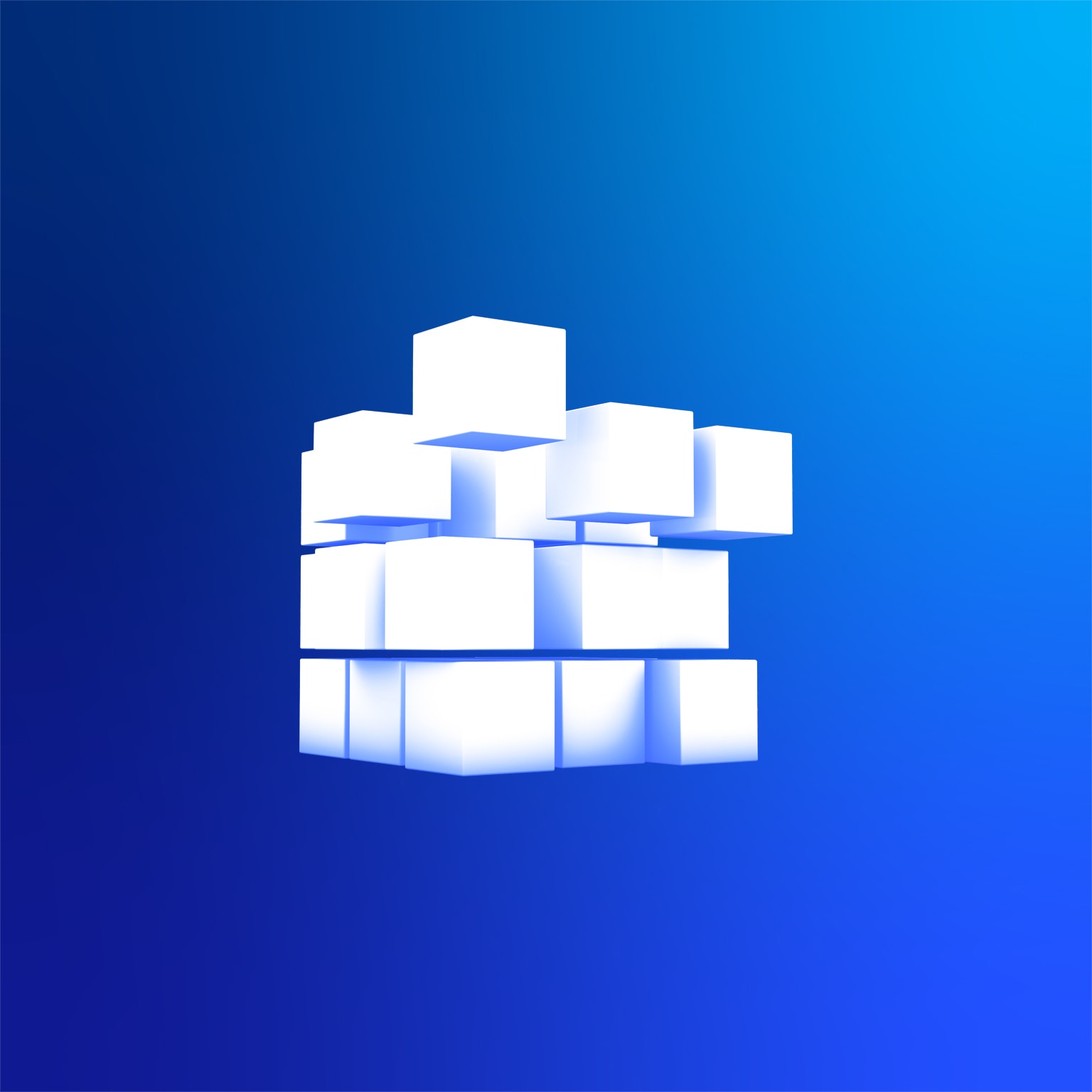 White cubic blocks arranged in a cube shape where some blocks appear to be moving