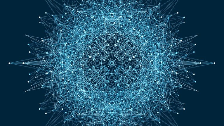 Abstract graphic of lines and dots intersecting in a circular shape.