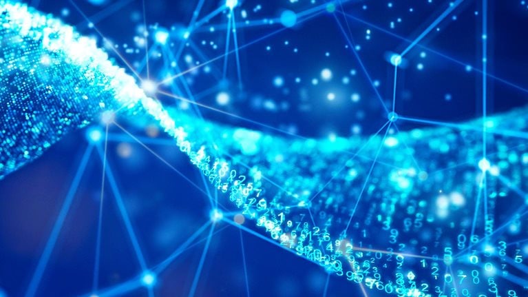 Glowing particle data and wire mesh network.