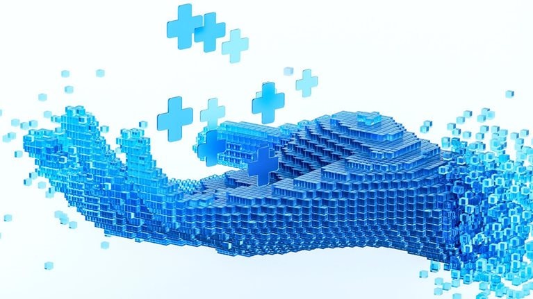 Cubes forming a human hand holding the healthcare plus symbol