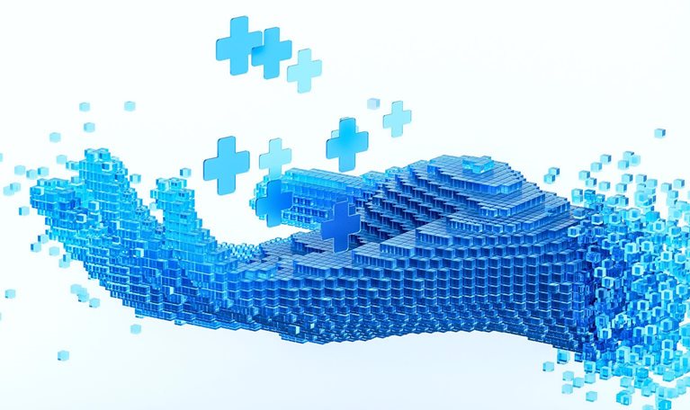 Cubes forming a human hand holding the healthcare plus symbol