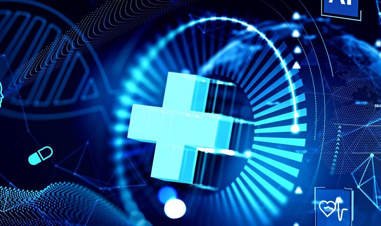 In the middle of the picture, there is a bright healthcare cross that is surrounded by medical and artificial intelligence symbols against a dark blue background.