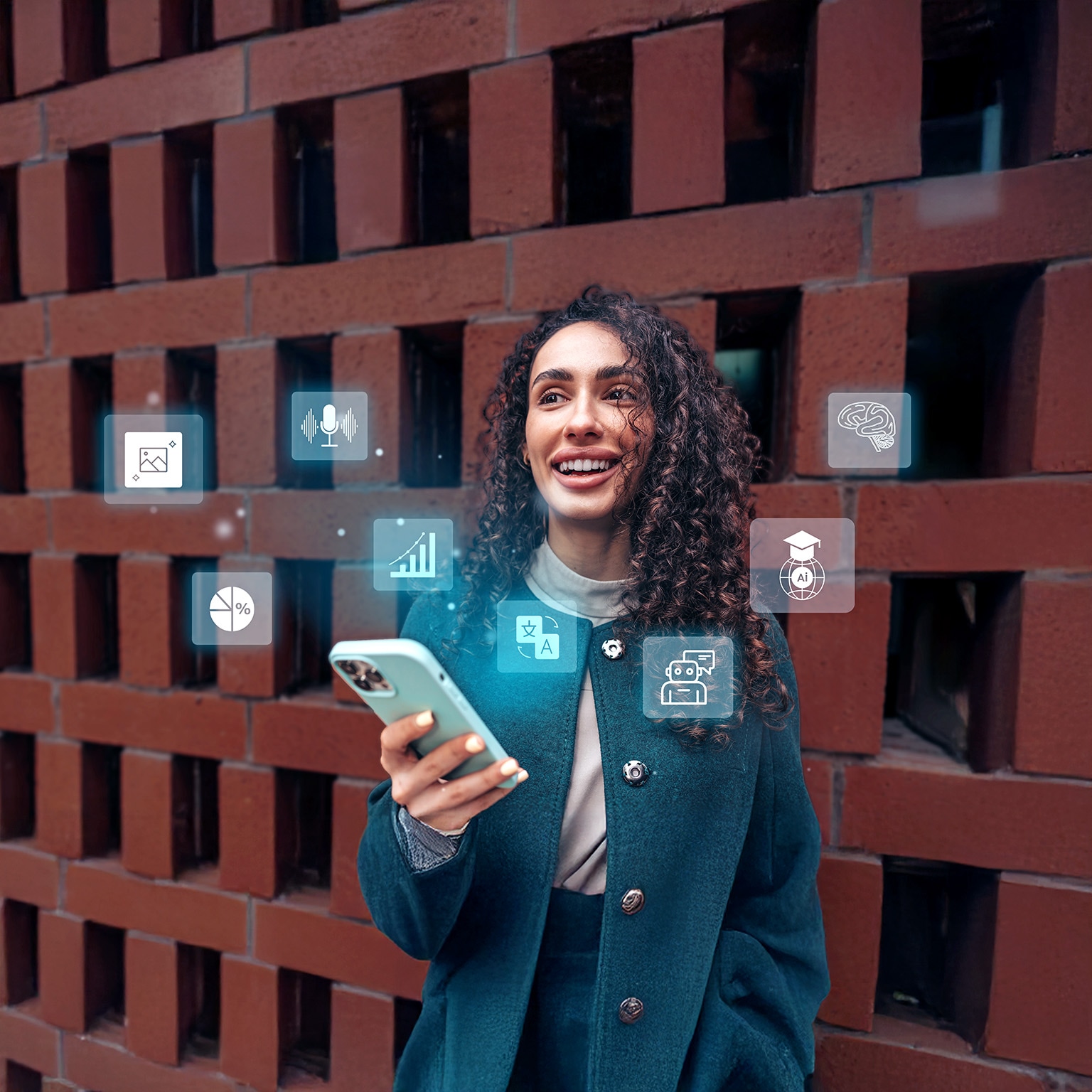 A person smiling while using a smartphone with digital icons hovering around it.