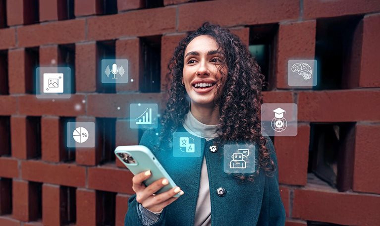 A person smiling while using a smartphone with digital icons hovering around it.