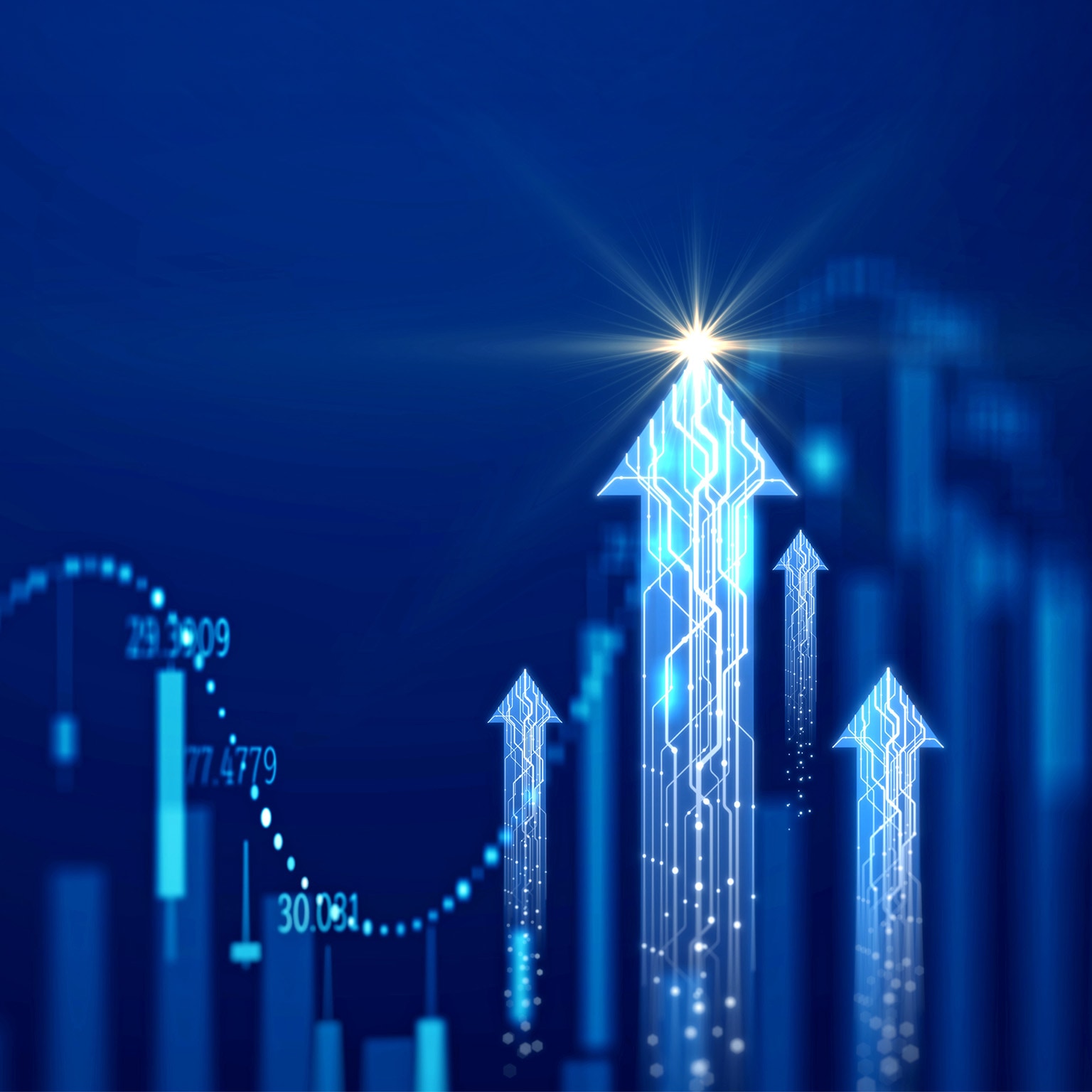 Abstract chart with rising arrows and data lines on a blue background.