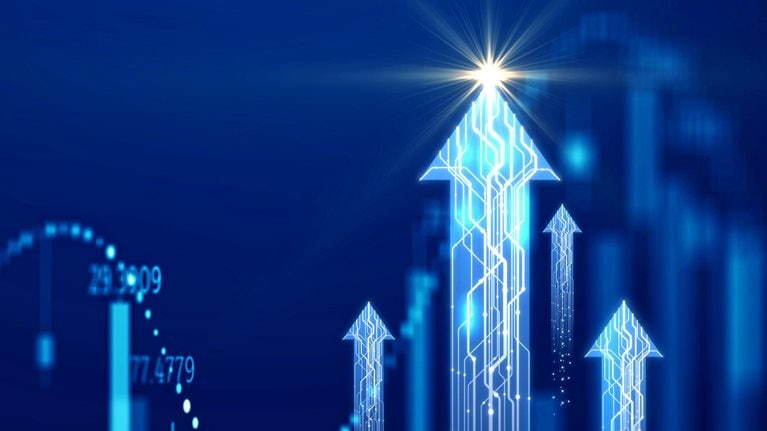 Abstract chart with rising arrows and data lines on a blue background.