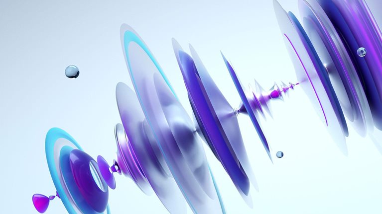 Digital generated image of abstract three dimensional visualisation of semi transparent waveform on grey background.