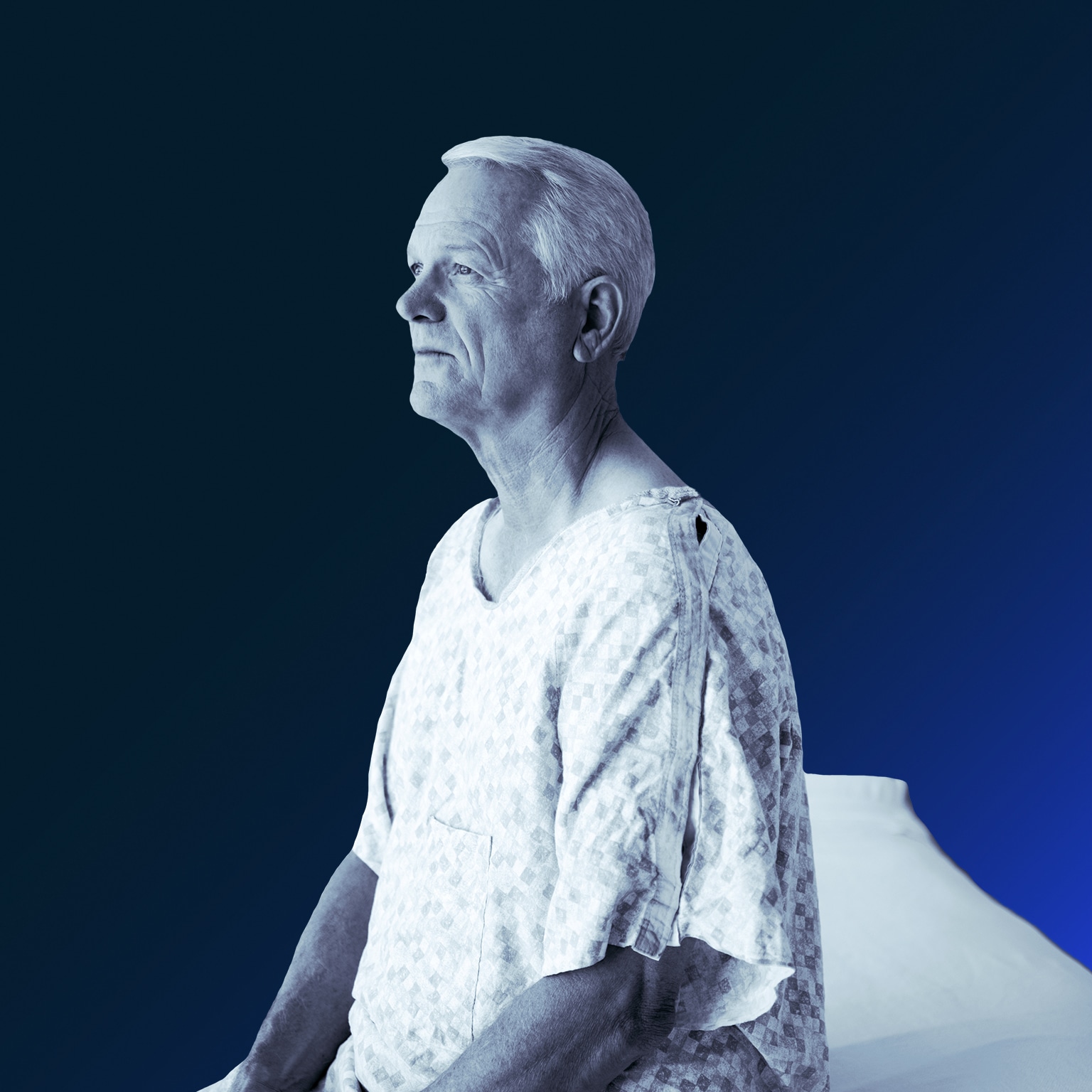 stylized photo of man in medical gown sitting on examination table waiting for doctor