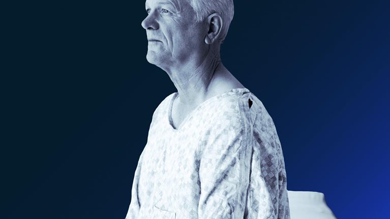 stylized photo of man in medical gown sitting on examination table waiting for doctor