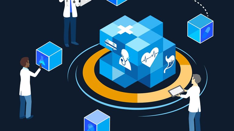 Doctor team with 3D block chain network technology research and diagnosis patient illness