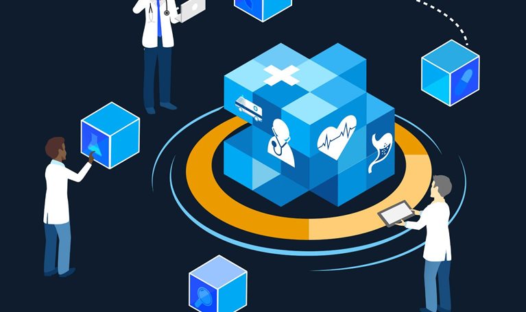 Doctor team with 3D block chain network technology research and diagnosis patient illness