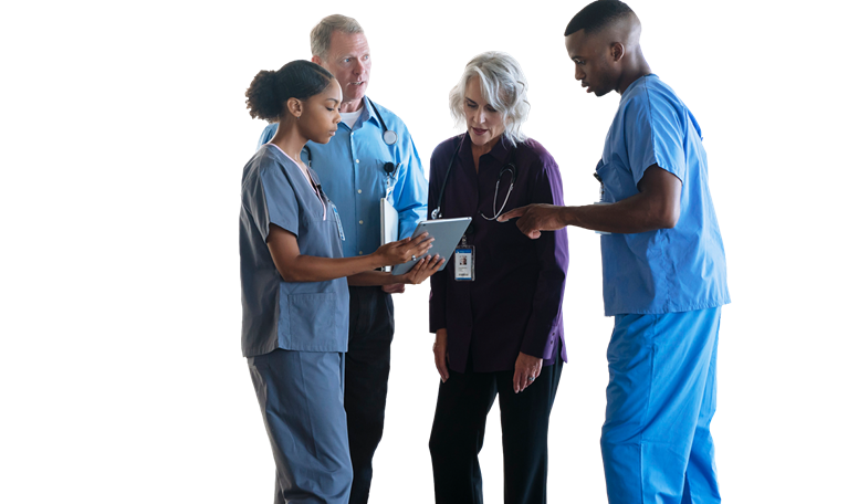 Doctors and nurses discussing digital tablet - stock photo