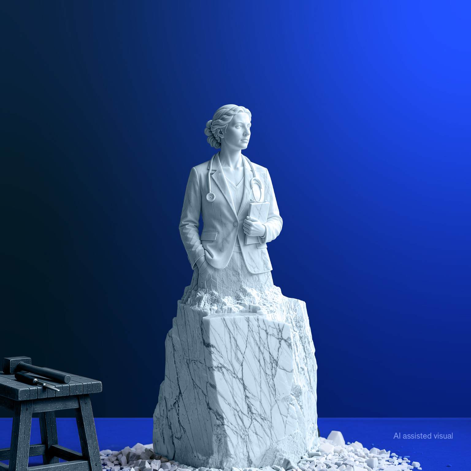 A white marble statue of a physician CEO emerges from a partially carved stone block, holding a tablet with a stethoscope around her neck. A small workbench with carving tools sits nearby with the scene set against a dark blue gradient.
