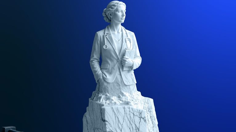 A white marble statue of a physician CEO emerges from a partially carved stone block, holding a tablet with a stethoscope around her neck. A small workbench with carving tools sits nearby with the scene set against a dark blue gradient.
