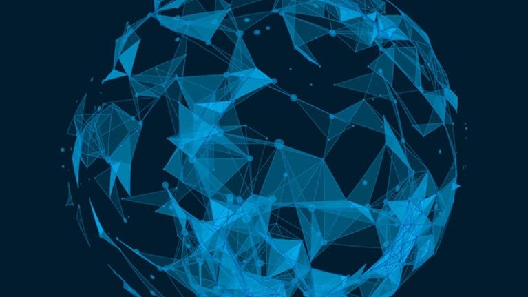 Wireframe mesh polygonal background in the shape of the globe with connections from point to point. - stock illustration