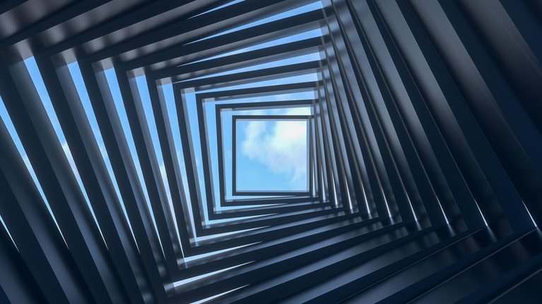 Abstract dark tunnel, doors twisting upwards towards open view of the sky. - 3D rendering