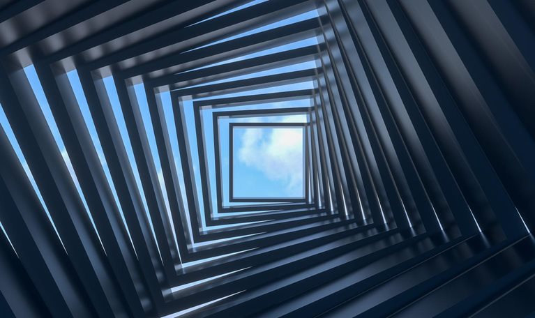 Abstract dark tunnel, doors twisting upwards towards open view of the sky. - 3D rendering