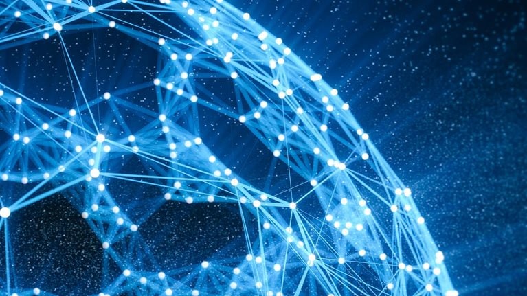 Outline of abstract global network--illuminated lines connected by glowing lines--against stars representing technology in the background. - stock photo