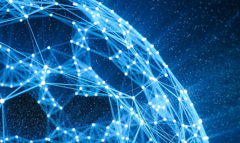 Outline of abstract global network--illuminated lines connected by glowing lines--against stars representing technology in the background. - stock photo