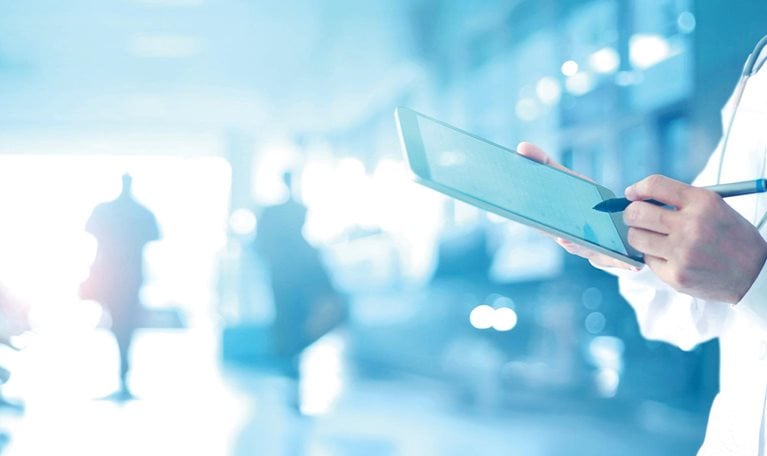 Medicine doctor and stethoscope touching medical information network connection interface on digital tablet in hospital background