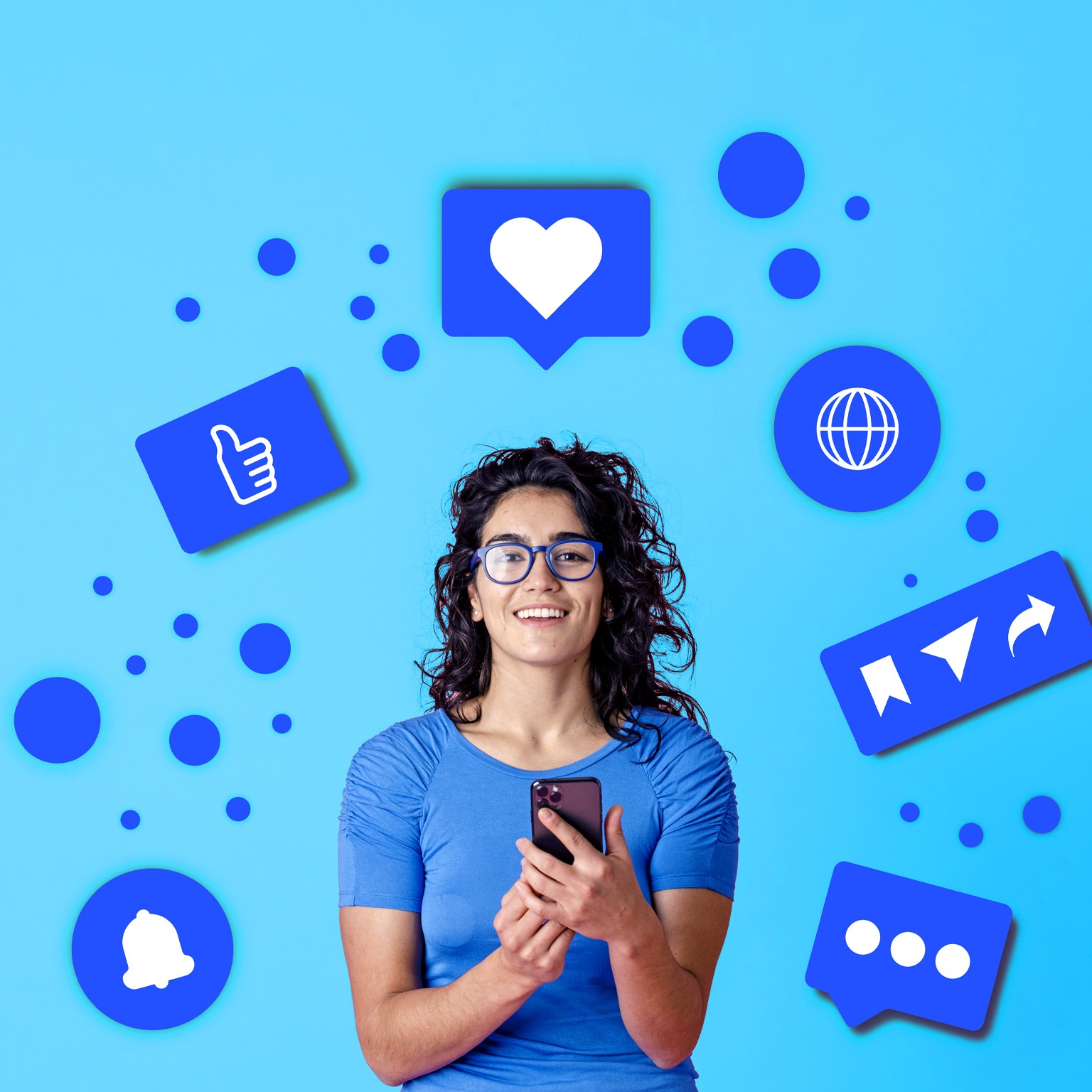 A young smiling woman with curly hair and glasses holds a smartphone against a bright blue background. Surrounding her are various social media icons, suggesting engagement and online interaction.