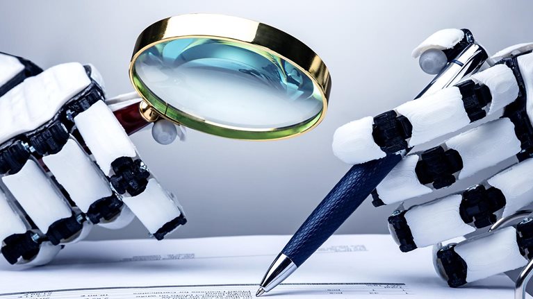 Robot examining invoice