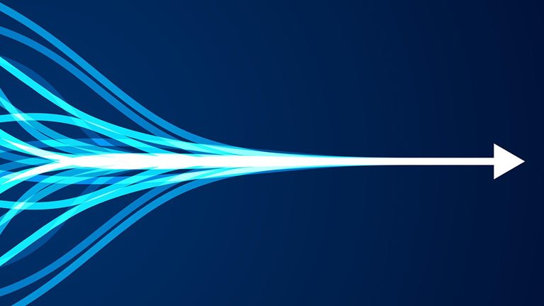 Abstract web of lines coming together to form an arrow moving forward